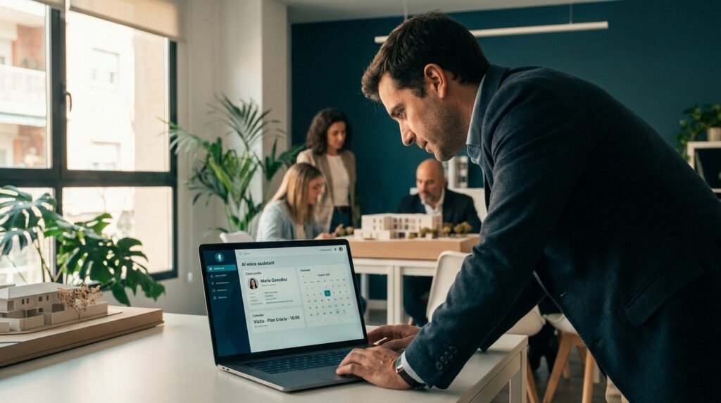 Recepcionista de una inmobiliaria consultando en pantalla la ficha de un lead generada por un agente de voz IA tras una llamada fuera de horario
