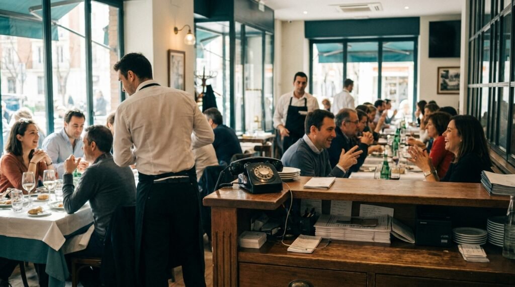 Camarero atendiendo mesas mientras el teléfono del restaurante suena sin respuesta en el pico del mediodía