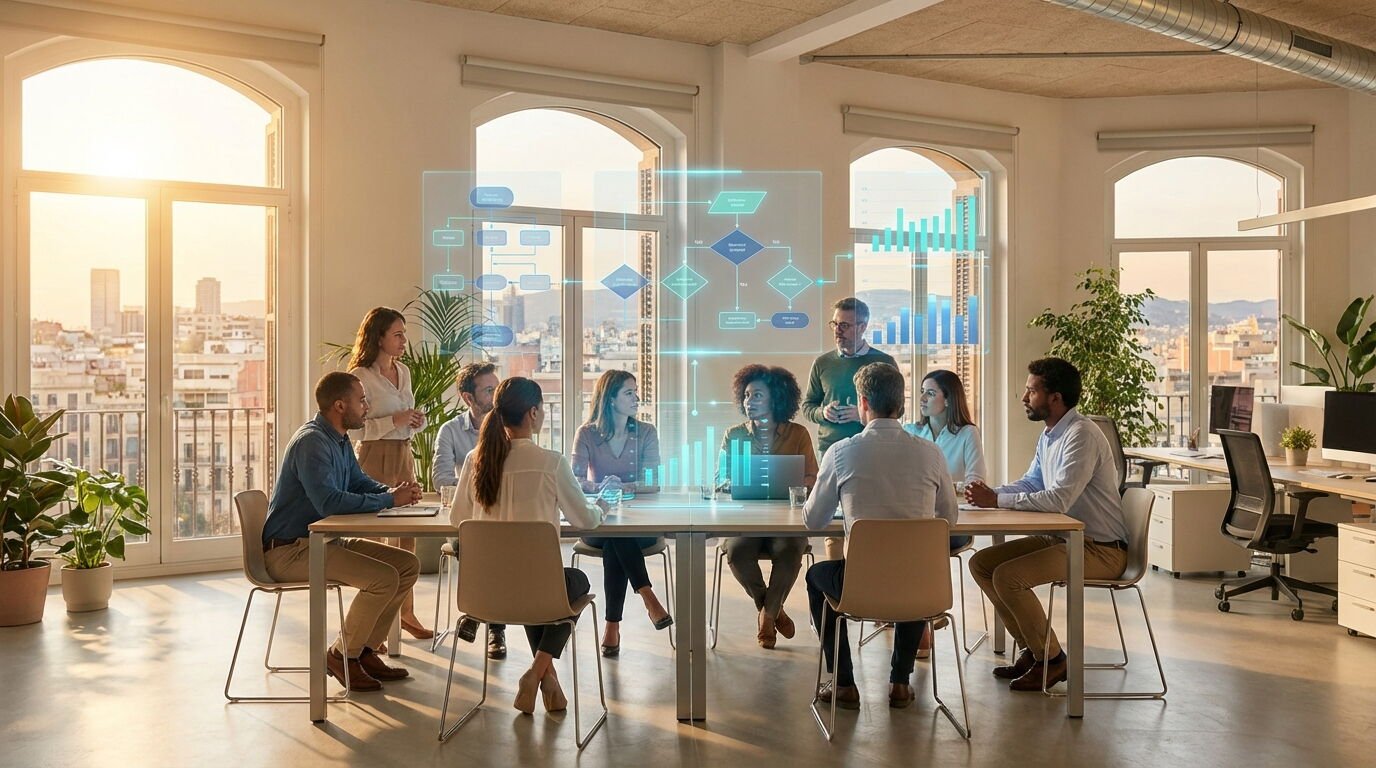 Gerente de una pyme comprobando en pantalla las decisiones operativas que ha ejecutado su agente automático durante la semana