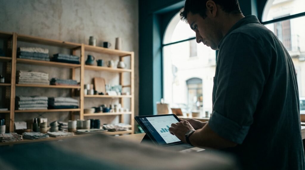 Gerente de tienda retail revisando en una tablet un panel de análisis de ventas por hora y tienda