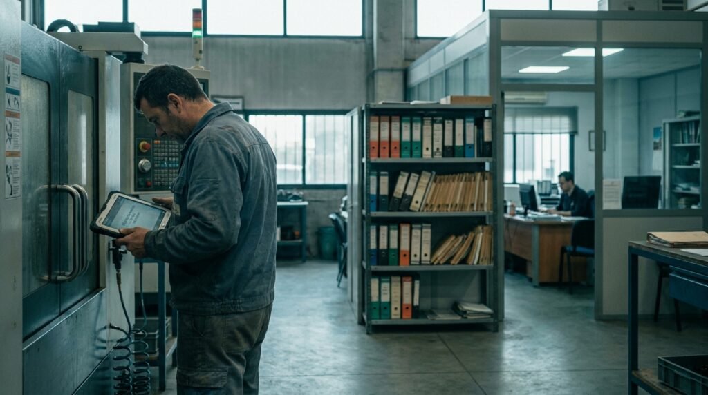 Operario de un taller consulta en una tableta un procedimiento interno con la referencia al manual de la empresa