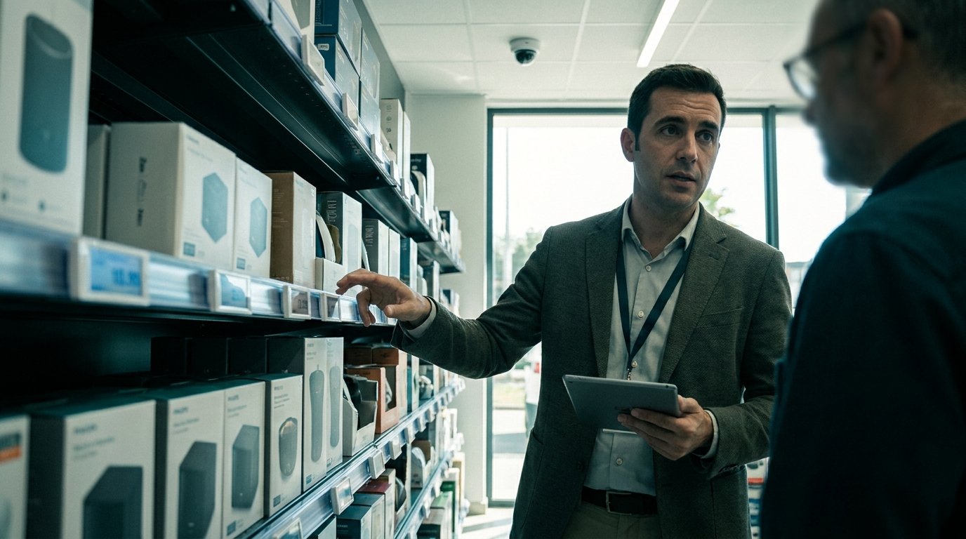 Auditor revisando cámaras de analítica y etiquetas electrónicas de precios en el pasillo de una tienda retail