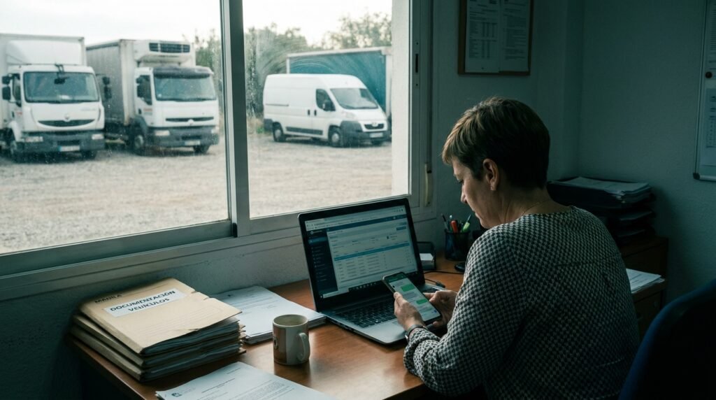 Responsable de tráfico de una pequeña empresa de transporte revisa pedidos en el portátil mientras los camiones esperan en el patio Responsable de tráfico de una pequeña empresa de transporte revisa pedidos en el portátil mientras los camiones esperan en el patio
