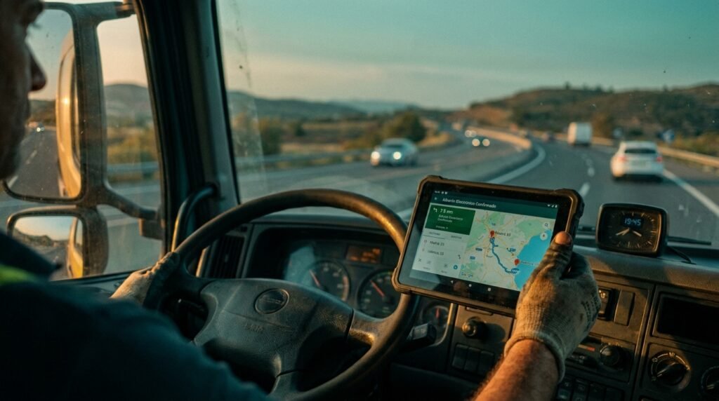 Panel digital en la cabina de un camión mostrando un albarán electrónico confirmado junto a la ruta de entrega