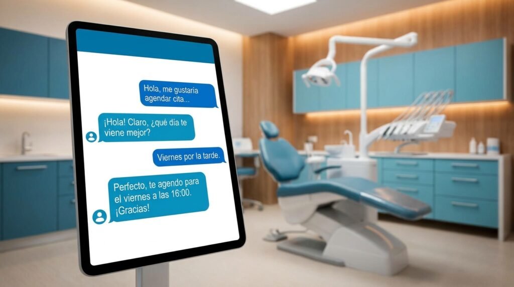 Recepción de una clínica dental donde un asistente automático confirma por el móvil las citas de los pacientes