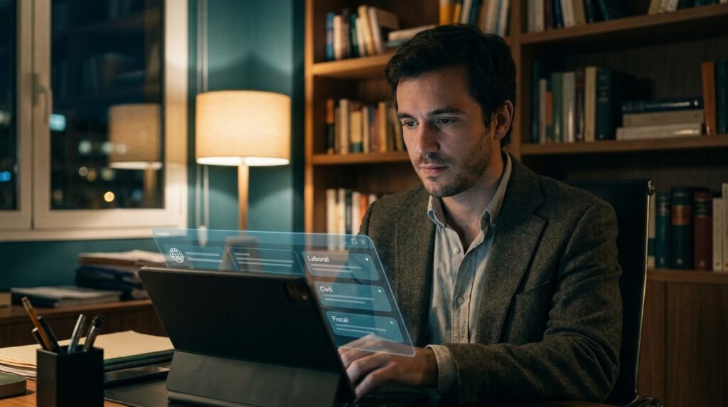 Abogado revisando en su móvil las consultas cualificadas por un chatbot fuera del horario del despacho
