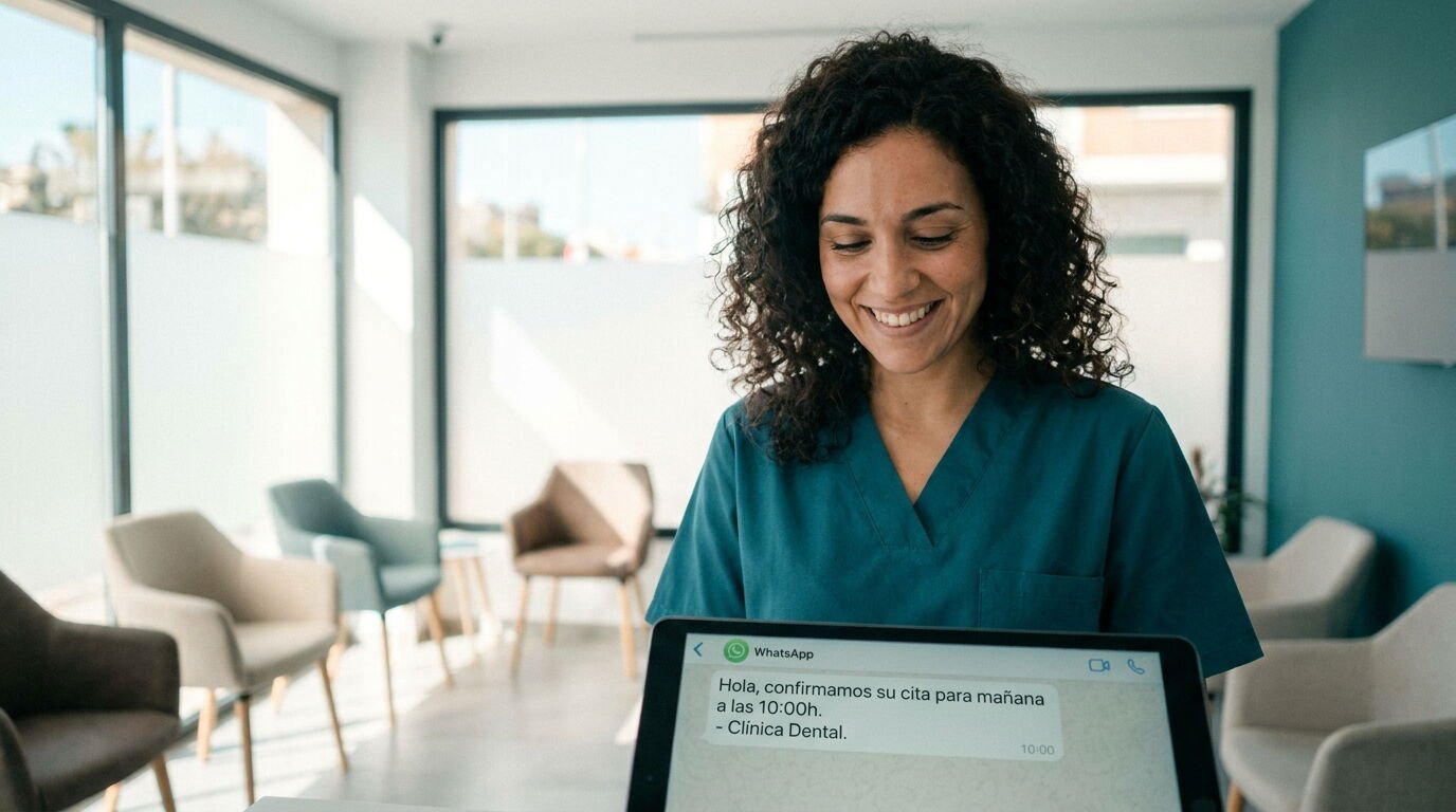 Recepcionista de clínica dental comprobando en una tablet las citas confirmadas por mensajería