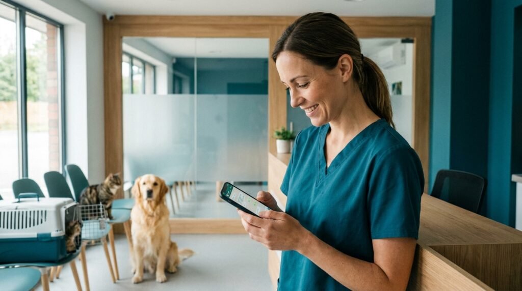 Veterinaria revisando en su móvil una conversación de WhatsApp con un chatbot que muestra una cita confirmada para un perro