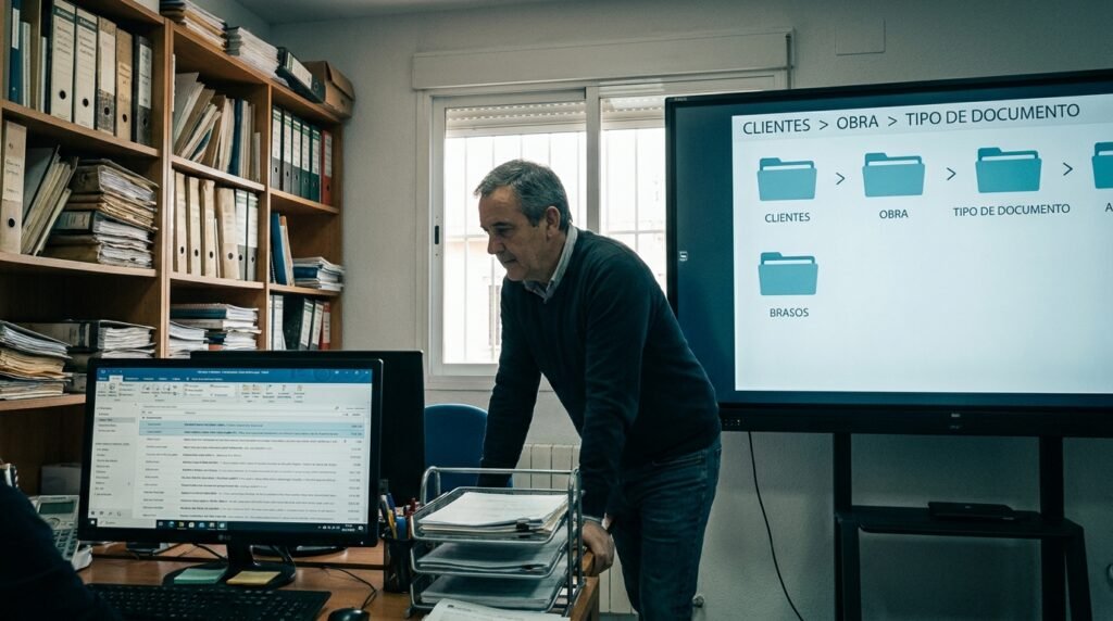 Responsable de una pyme revisa en pantalla un archivo digital con documentos etiquetados por cliente y proyecto junto a carpetas de papel apiladas Responsable de una pyme revisa en pantalla un archivo digital con documentos etiquetados por cliente y proyecto junto a carpetas de papel apiladas