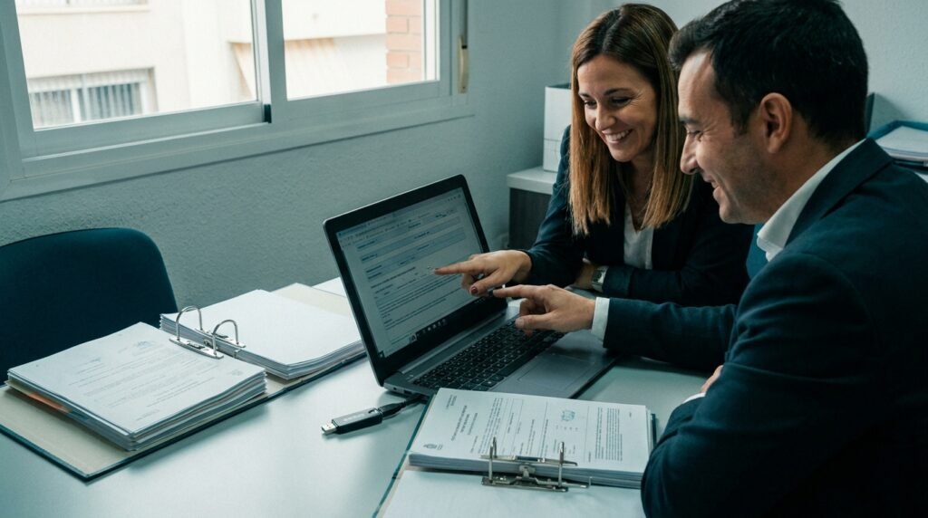 Gerente de una pyme murciana revisa en el ordenador los anexos y certificados antes de registrar una solicitud de ayuda en una sede electrónica Gerente de una pyme murciana revisa en el ordenador los anexos y certificados antes de registrar una solicitud de ayuda en una sede electrónica