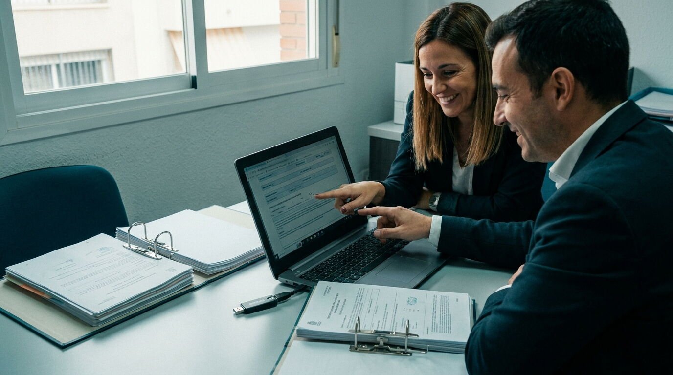 Gerente de una pyme murciana revisa en el ordenador los anexos y certificados antes de registrar una solicitud de ayuda en una sede electrónica Gerente de una pyme murciana revisa en el ordenador los anexos y certificados antes de registrar una solicitud de ayuda en una sede electrónica