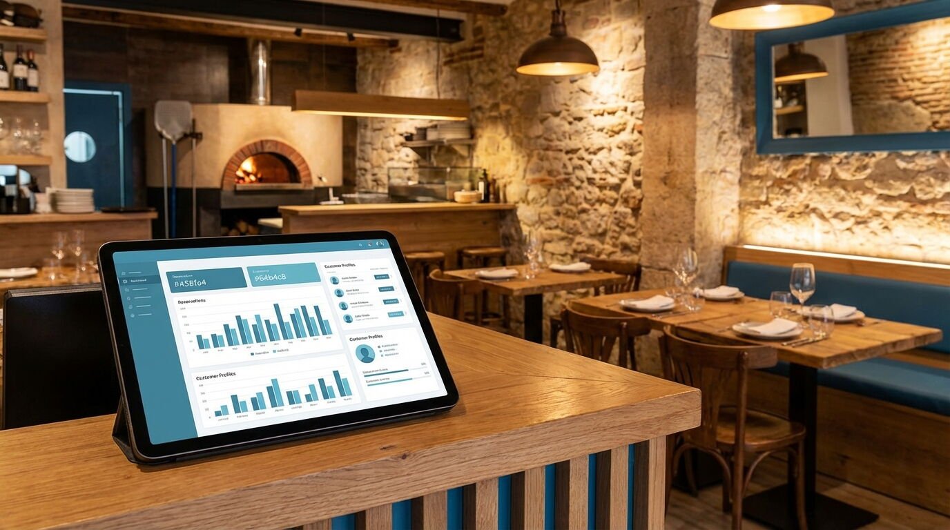 Responsable de un restaurante consultando en una tablet la ficha de un cliente habitual con su historial de reservas
