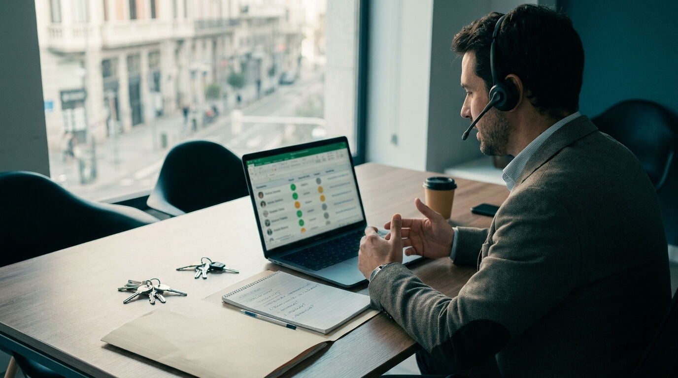 Agente inmobiliario revisando en el portátil una lista de contactos con puntuaciones antes de agendar visitas Agente inmobiliario revisando en el portátil una lista de contactos con puntuaciones antes de agendar visitas