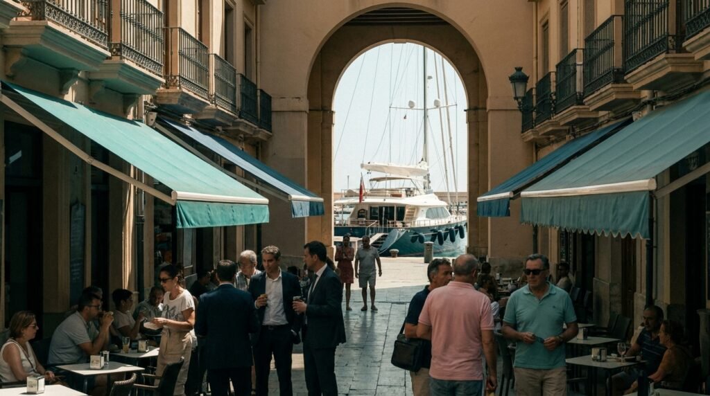 Escaparate de una tienda del centro de Cartagena y un chárter náutico en el puerto, junto a una pantalla mostrando el diseño de una web profesional