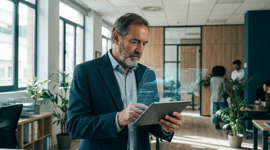 Agente inmobiliario revisando un informe de tasación automatizada en una tablet dentro de una oficina moderna