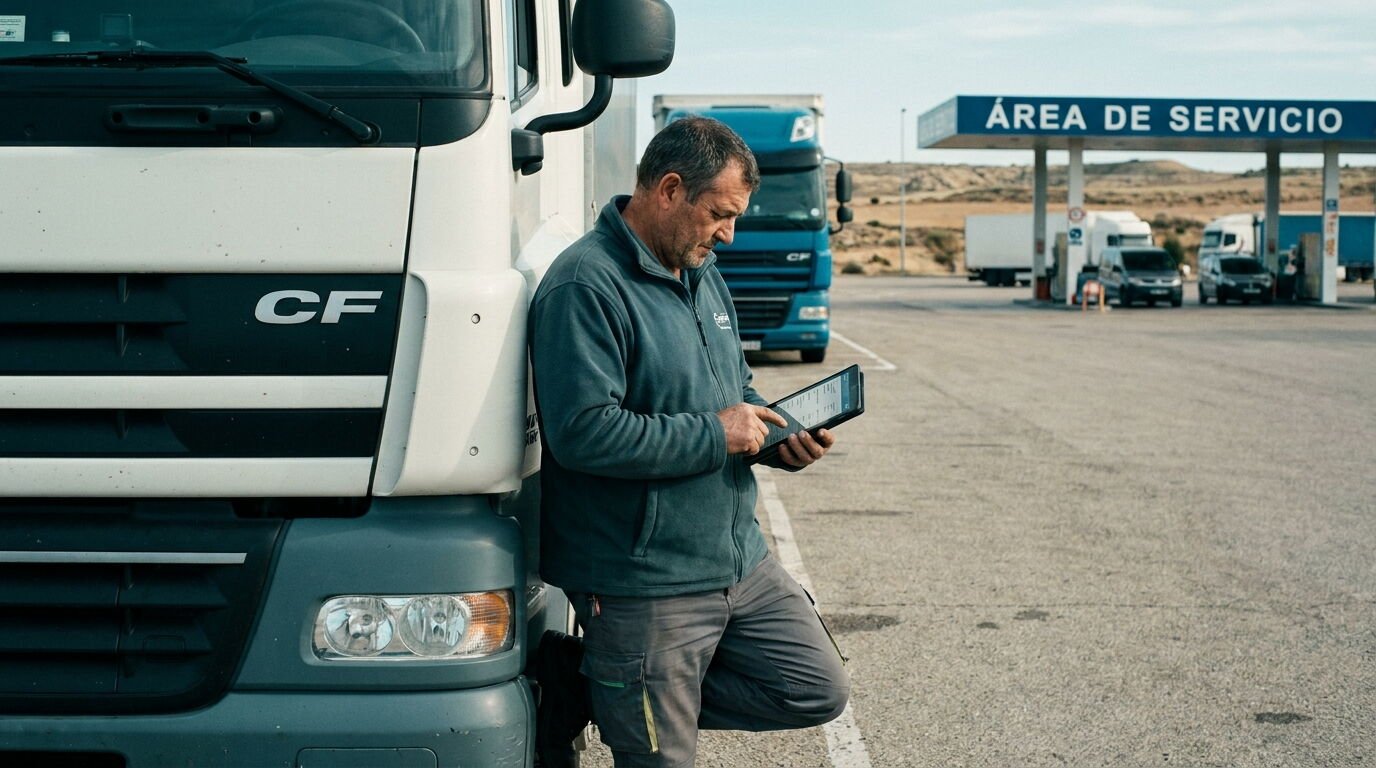 Conductor de camión revisando el documento de control electrónico en una tableta junto a su vehículo de mercancías