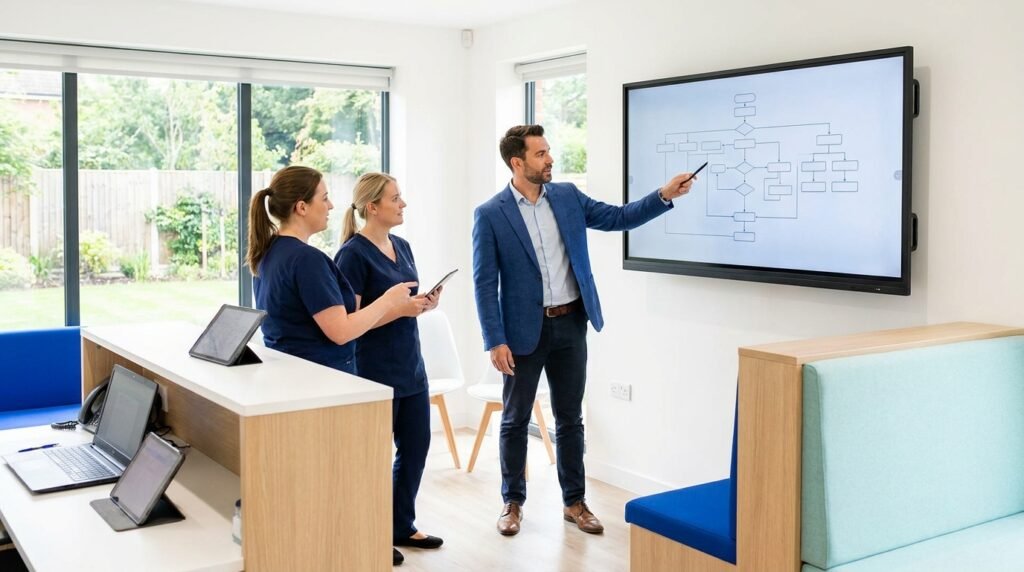 Equipo de una clínica revisando en una pizarra el flujo de trabajo antes de automatizarlo con inteligencia artificial