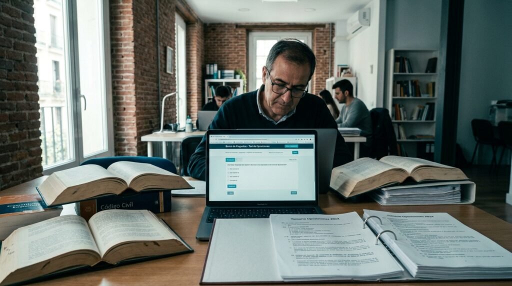Preparador de oposiciones revisando en una pantalla un banco de preguntas tipo test generado con inteligencia artificial junto al temario oficial impreso