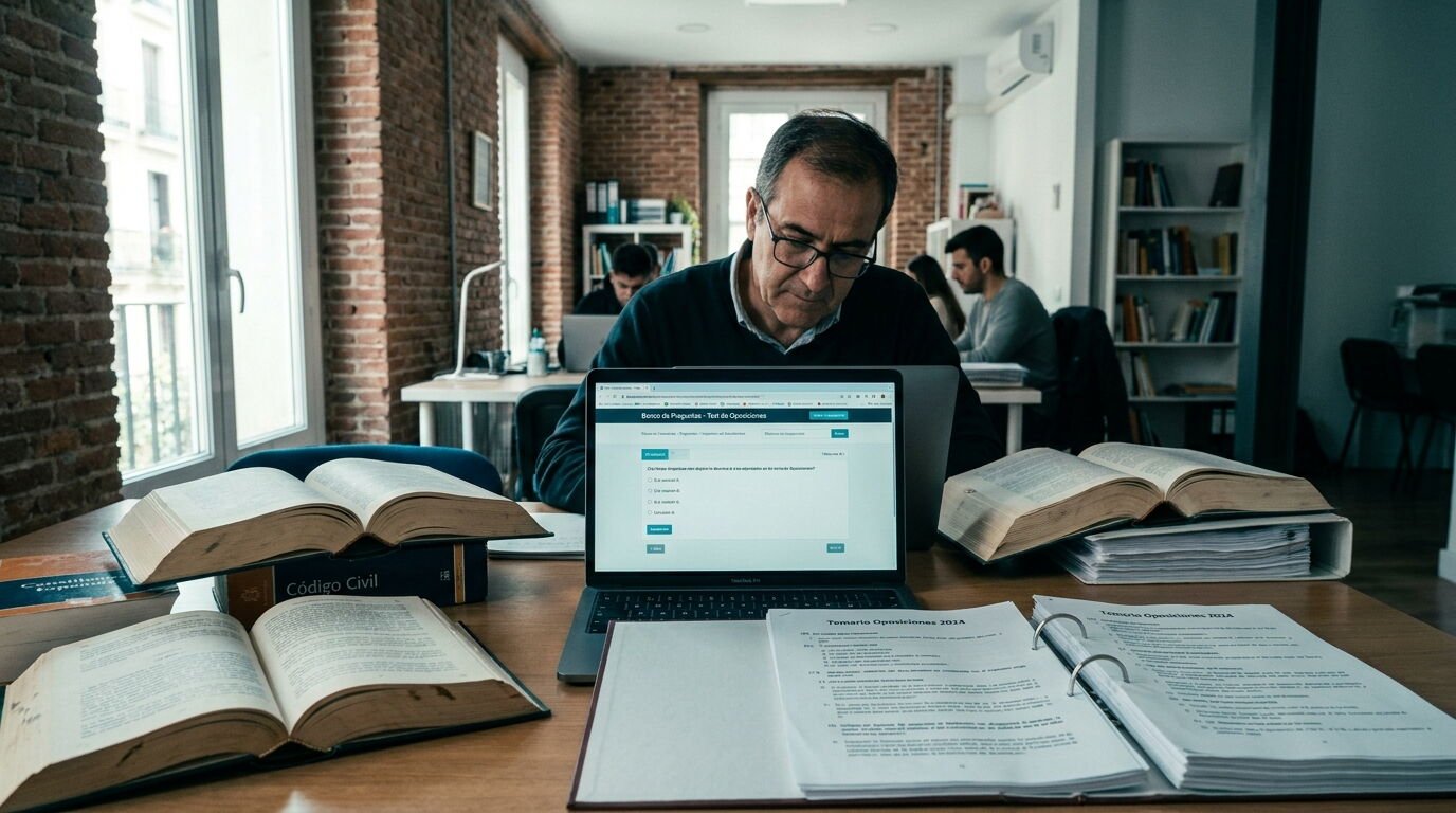 Preparador de oposiciones revisando en una pantalla un banco de preguntas tipo test generado con inteligencia artificial junto al temario oficial impreso