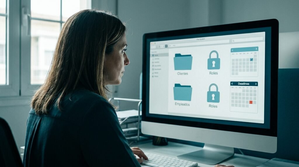 Responsable de una pyme de servicios revisa en pantalla los permisos por rol y los avisos de vencimiento de un archivo digital Responsable de una pyme de servicios revisa en pantalla los permisos por rol y los avisos de vencimiento de un archivo digital