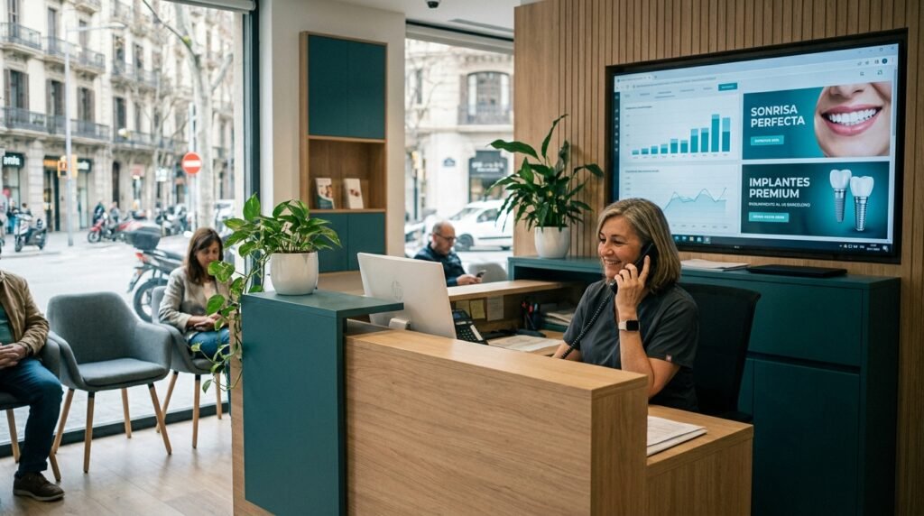 Recepción de una clínica dental moderna con una pantalla mostrando métricas de campañas de Google Ads