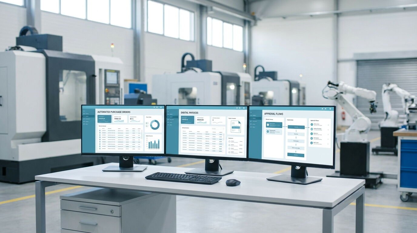 Responsable de compras de una pyme industrial revisando en pantalla el cotejo automático entre factura, albarán y orden de compra Responsable de compras de una pyme industrial revisando en pantalla el cotejo automático entre factura, albarán y orden de compra