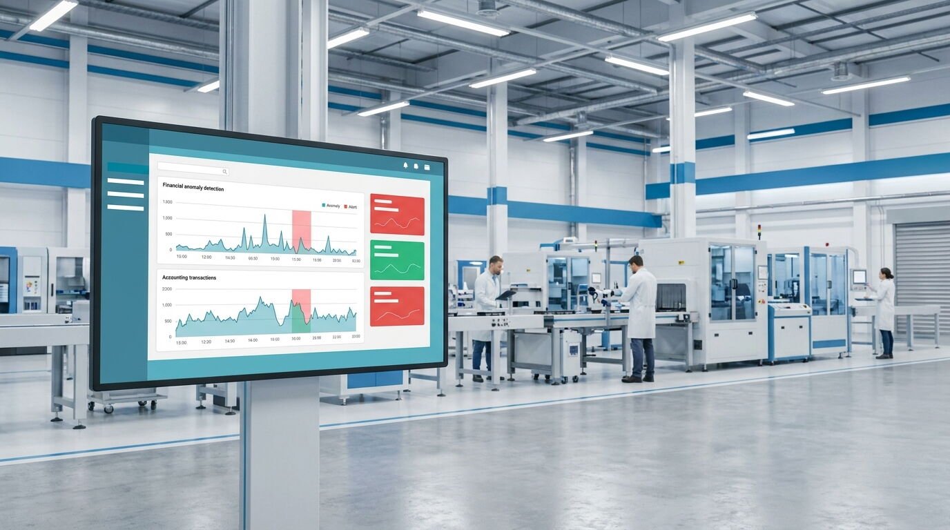 Responsable financiero de una pyme industrial revisando en pantalla las facturas marcadas como anómalas por un sistema de IA