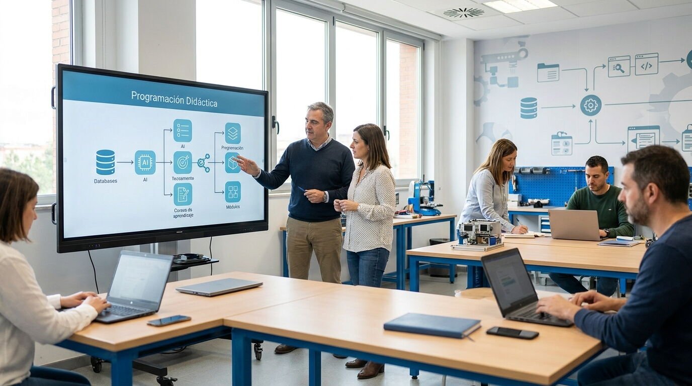 Profesora de un centro de formación profesional revisando en el ordenador los materiales de clase generados con inteligencia artificial