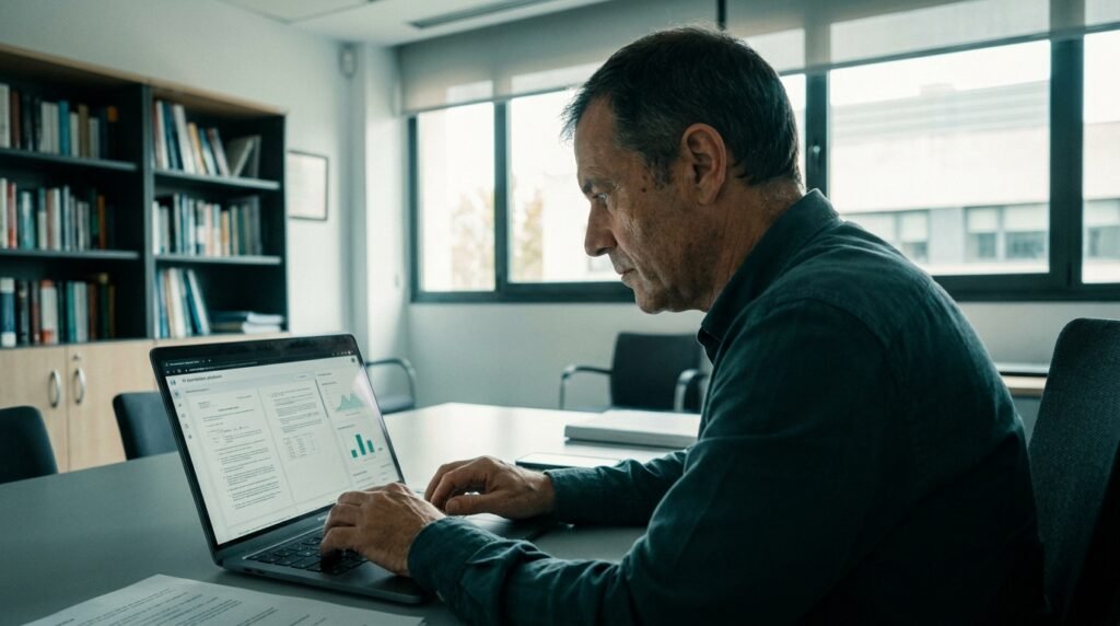Profesor de una academia de oposiciones revisando en una tablet el feedback generado por IA sobre un examen corregido