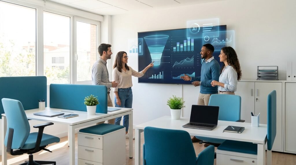 Comercial de una pyme revisando en pantalla la lista de oportunidades priorizada automáticamente por un sistema de inteligencia artificial