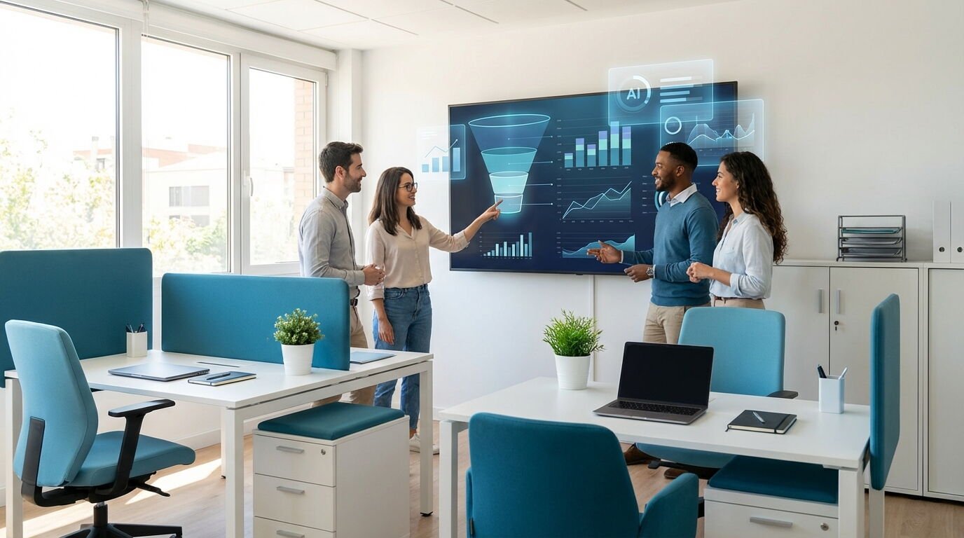 Comercial de una pyme revisando en pantalla la lista de oportunidades priorizada automáticamente por un sistema de inteligencia artificial