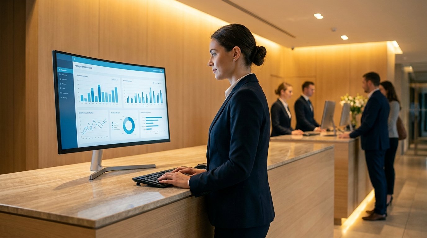 Recepcionista de hotel revisando panel de gestión con indicadores de cumplimiento normativo de IA