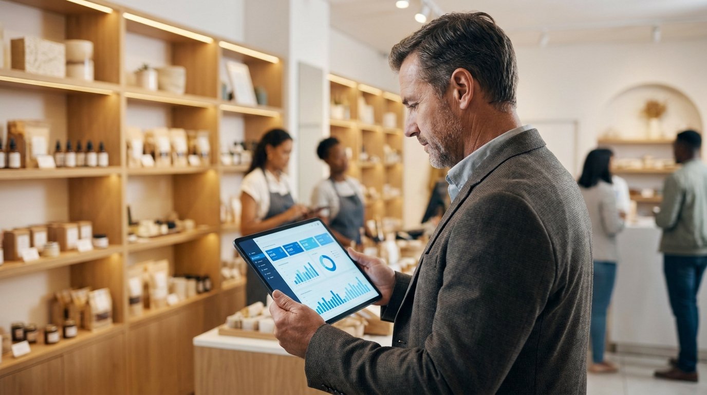 Retailer revisando el panel de control de su tienda online recién lanzada en una tablet, con estantes de productos al fondo