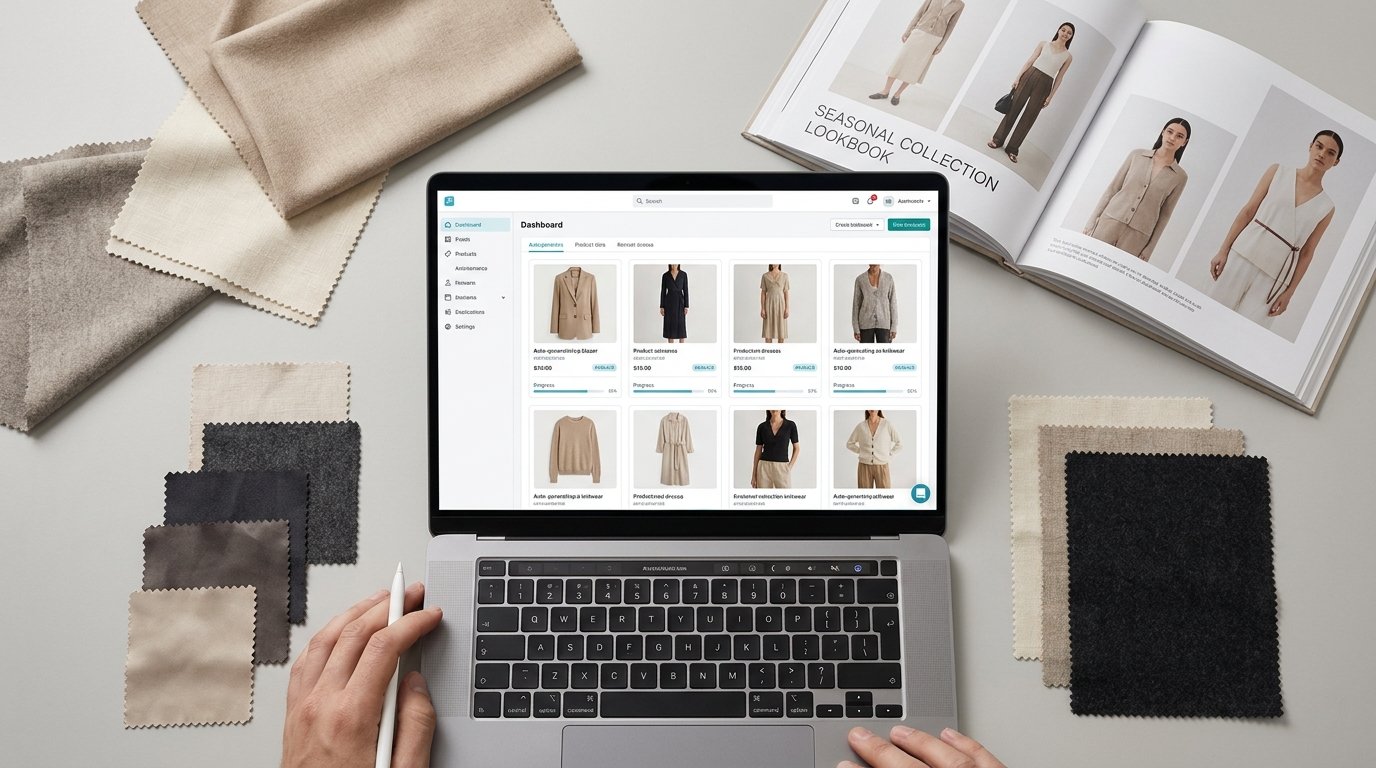 Panel de automatización generando fichas de producto y emails para una tienda de moda con catálogo de temporada