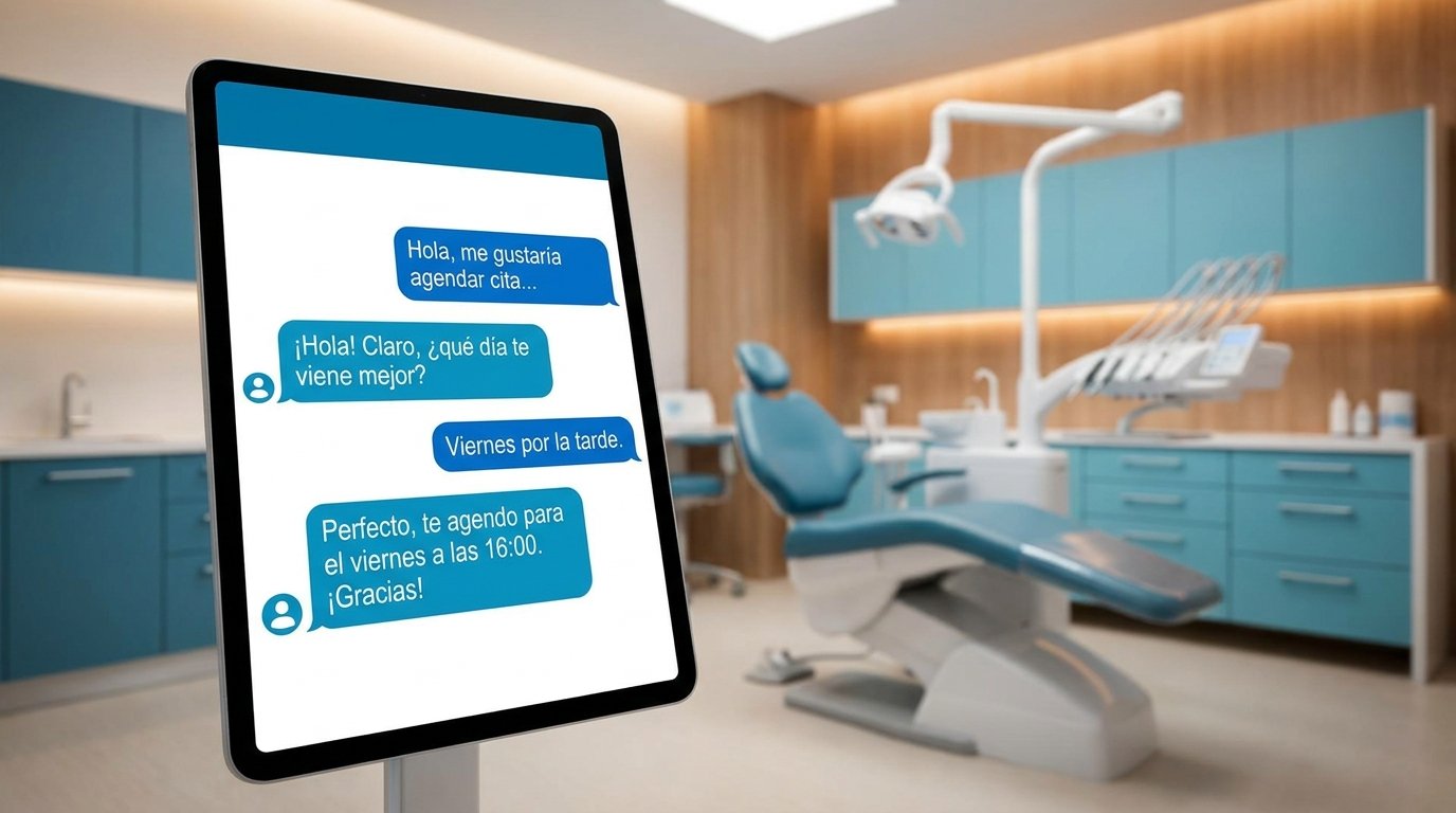 Recepción de clínica dental con pantalla mostrando un chatbot web activo atendiendo pacientes fuera de horario
