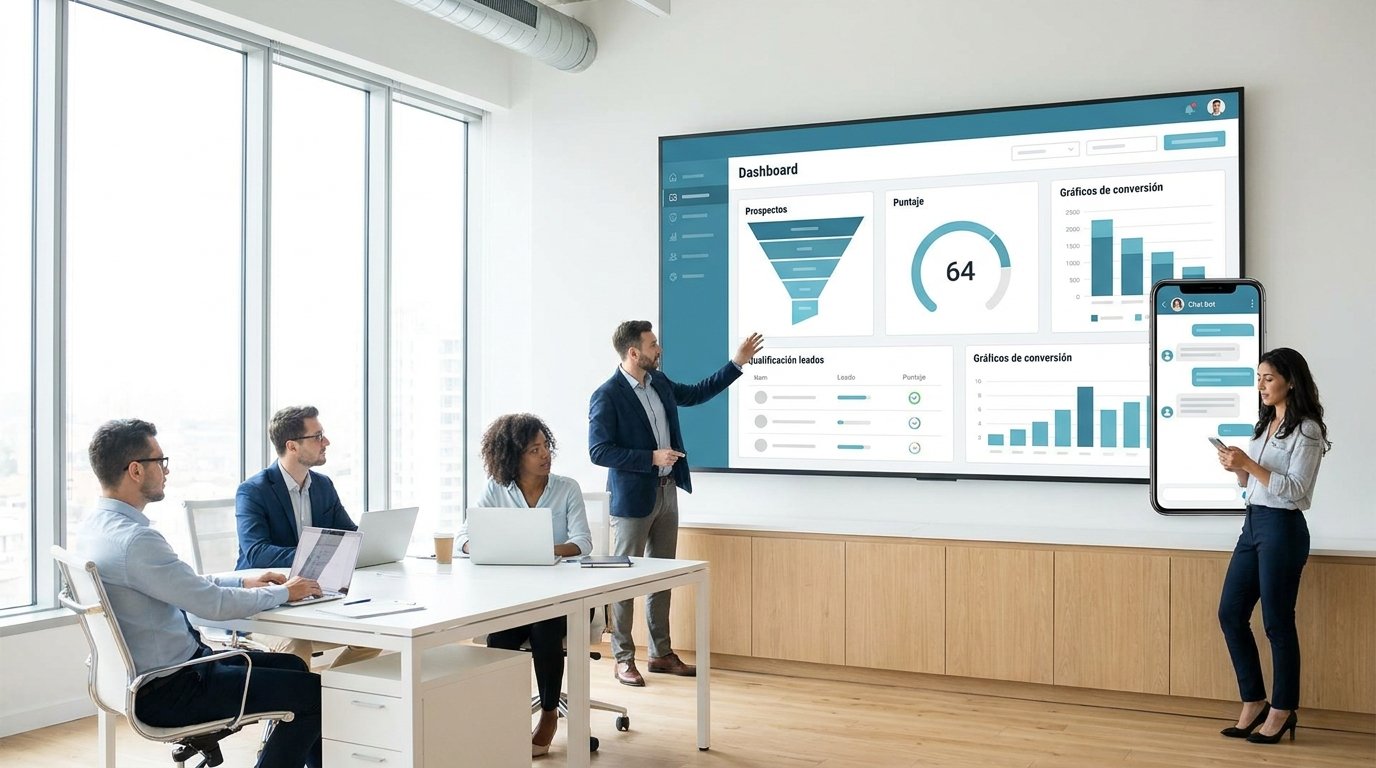 Panel de cualificación de leads inmobiliarios con scoring automatizado por agente IA en pantalla de ordenador