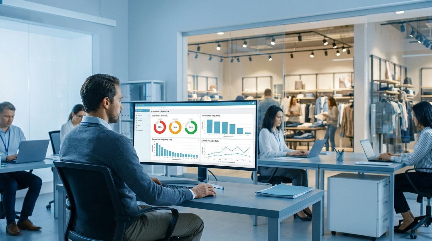 Analista de retail revisando un dashboard de scoring predictivo de churn con gráficas de riesgo por segmento de cliente
