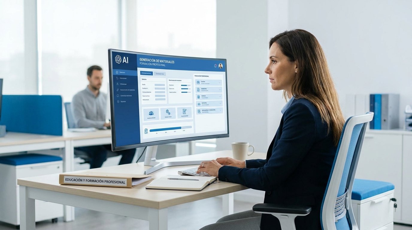 Responsable de RRHH generando materiales formativos con IA en una pantalla, sin equipo pedagógico, para formación bonificada FUNDAE