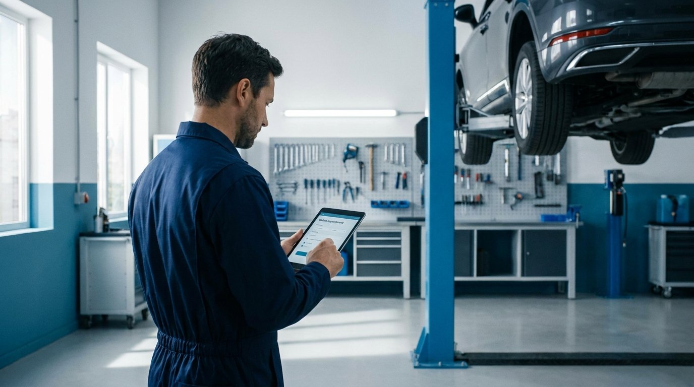 Mecánico en taller de automoción consultando citas online desde una tablet frente a un vehículo elevado