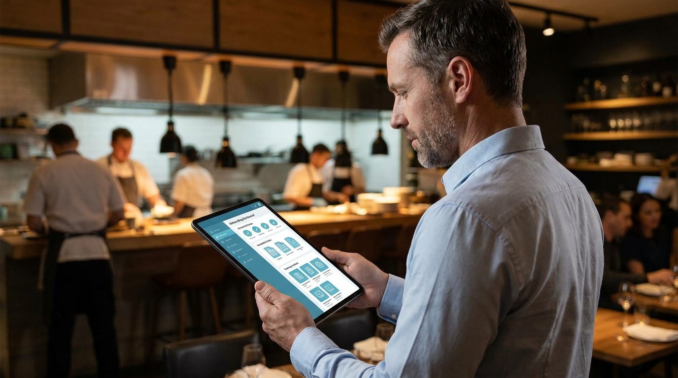 Gerente de restaurante revisando tablet con panel de incorporación de empleados automatizado por inteligencia artificial