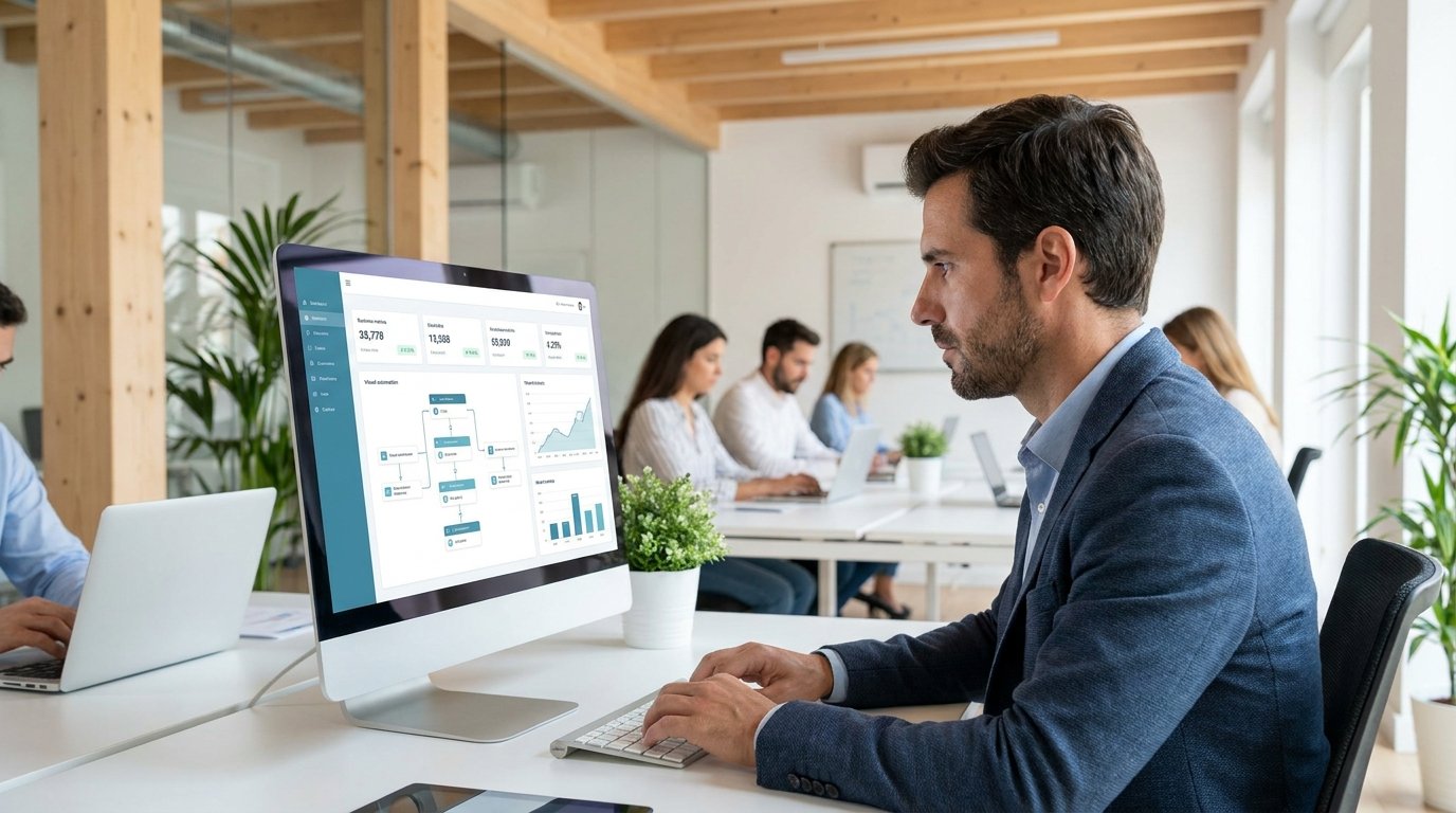 Profesional de servicios analizando un panel de automatización con IA en una pyme española