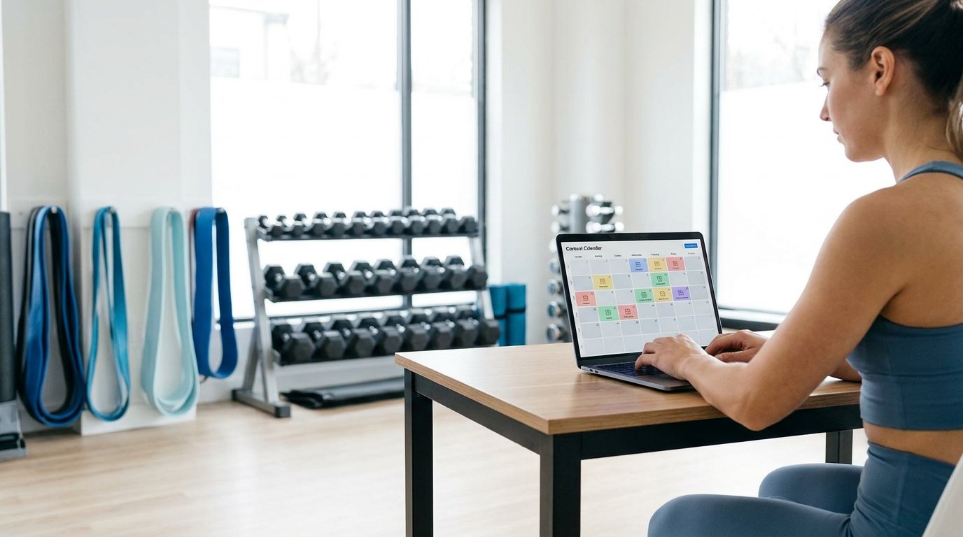 Monitor de gimnasio revisando un calendario de publicaciones programadas en una pantalla, con equipamiento de fitness al fondo
