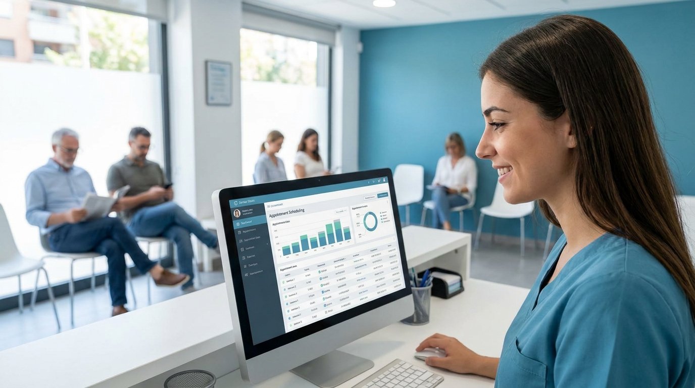 Recepcionista de clínica dental revisando agenda gestionada por un agente de inteligencia artificial en pantalla