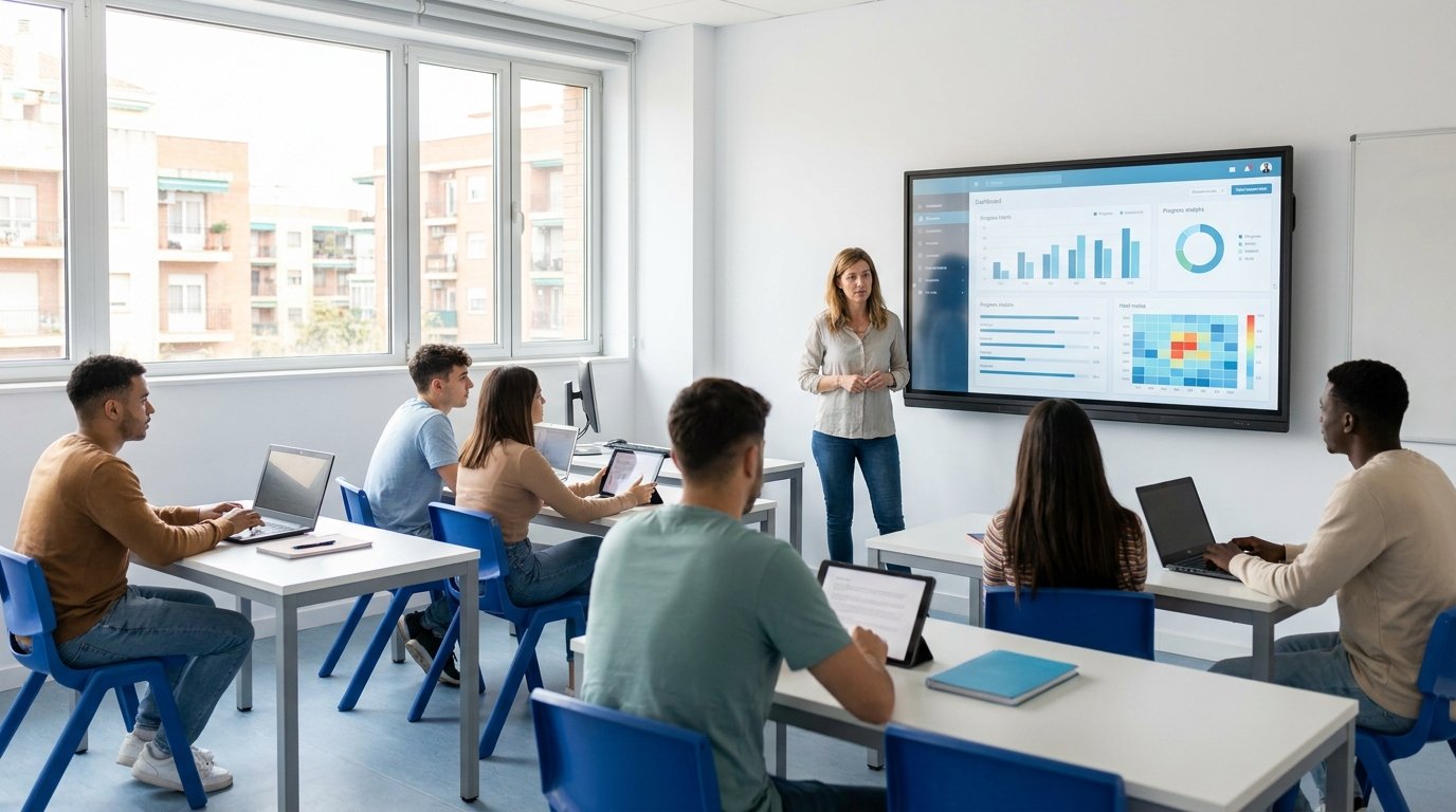 Tutor de formación profesional revisando el panel de seguimiento competencial de sus alumnos con apoyo de inteligencia artificial