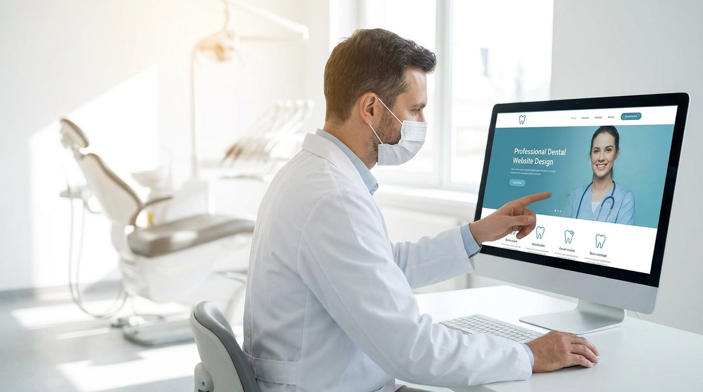 Dentista revisando la estructura de una web profesional para clínica dental en una pantalla