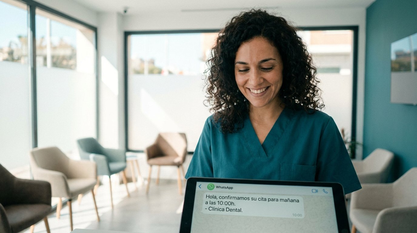 Recepcionista de clínica dental revisando en una tableta la conversación de un chatbot de WhatsApp con un paciente