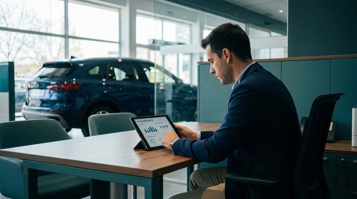 Comercial de concesionario revisando en una tablet la puntuación de un lead que ha pedido una prueba de conducción
