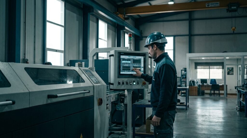 Técnico revisando un panel de sensores de vibración y temperatura conectado a una máquina industrial