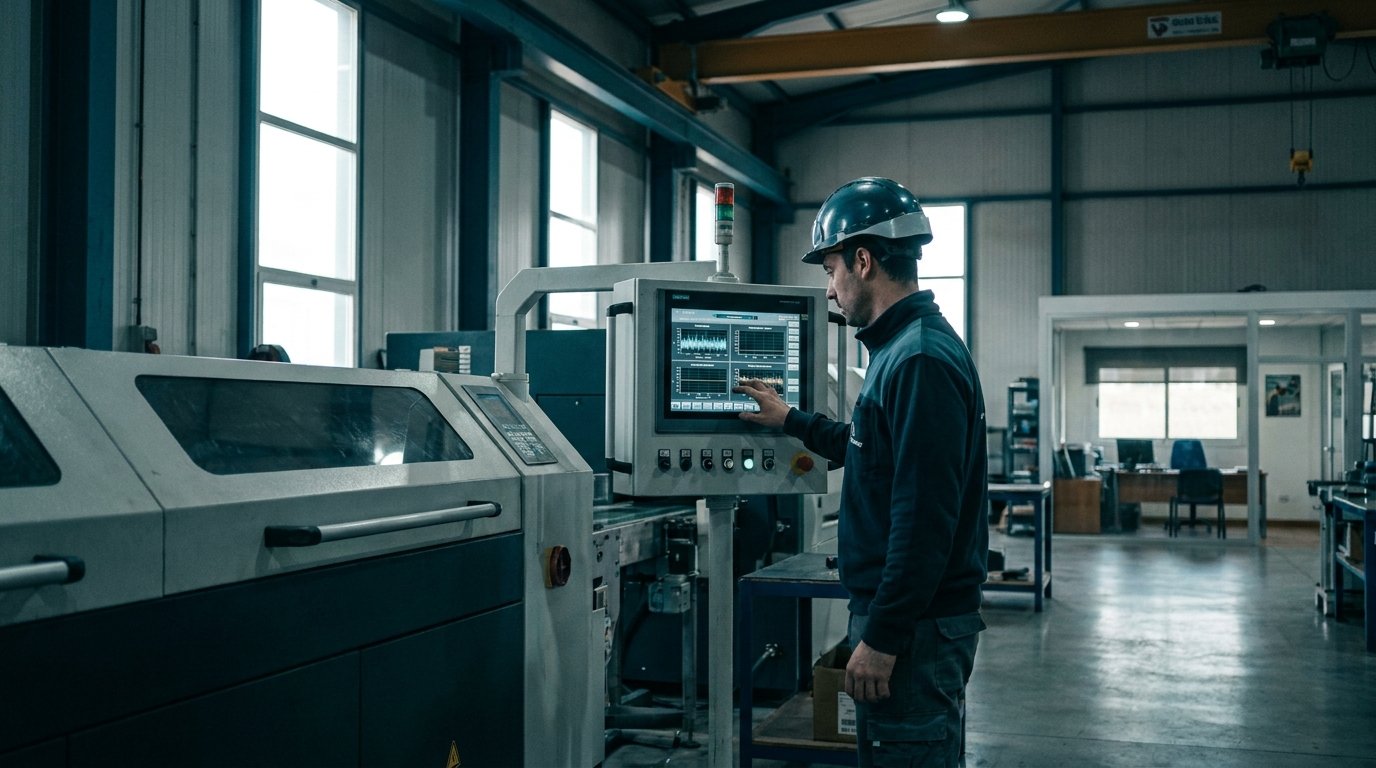 Técnico revisando un panel de sensores de vibración y temperatura conectado a una máquina industrial