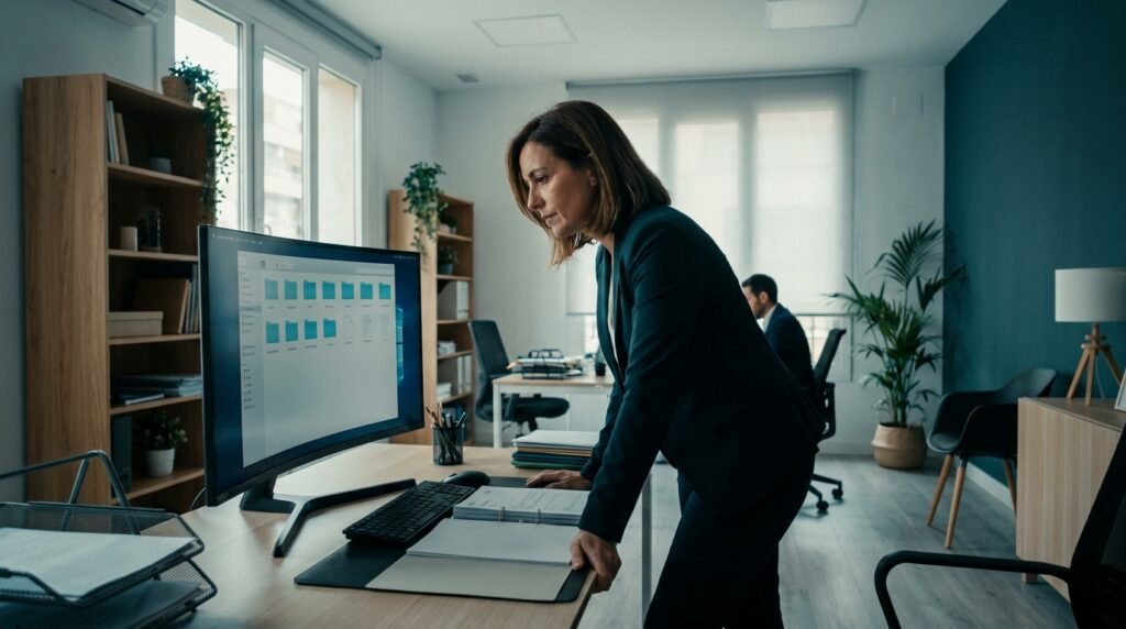 Gestor de asesoría fiscal revisando expedientes de clientes organizados digitalmente en pantalla